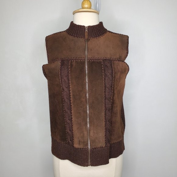 Vintage Designers Studio Originals Brown Mixed Leather and Knit Zip Up Vest, M - Picture 1 of 12